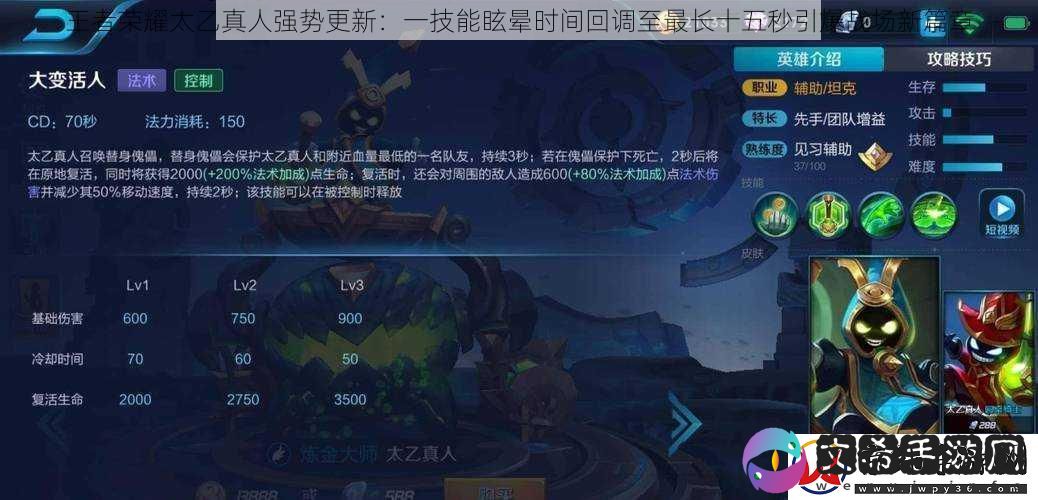 王者荣耀太乙真人强势更新：一技能眩晕时间回调至最长十五秒引爆战场新篇章